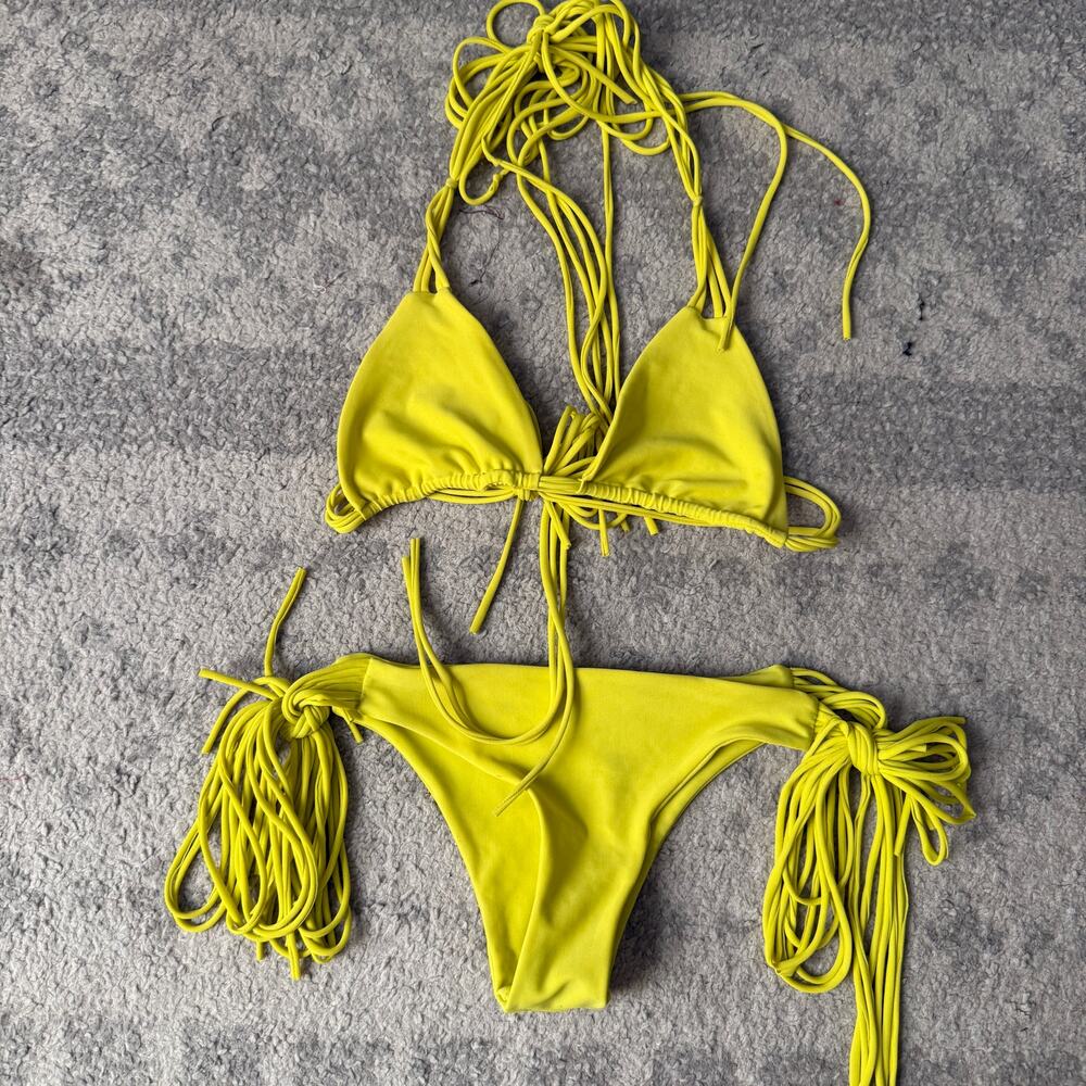 MIKOH Bright Yellow Strappy Triangle Top Tie Side Bikini | Small
